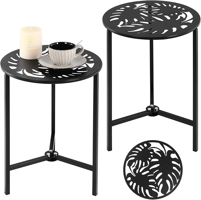 2 Packs 13" Metal Outdoor Side Tables Small Black Outside End Table for Patio Round Accent Corner Stand for Small Spaces Weather-Resistant Coffee Table for Balcony Porch Plant Stand, Monstera Leaf
