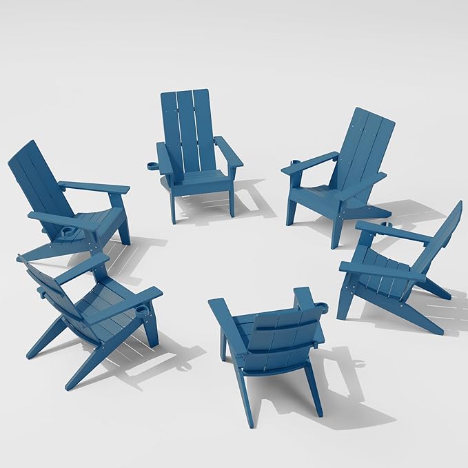 MXIMU Modern Adirondack Chairs Set of 6 Weather Resistant with Cup Holder Oversize Plastic Fire Pit Chairs Plastic Outdoor Chairs for Firepit Area Seating (Navy)