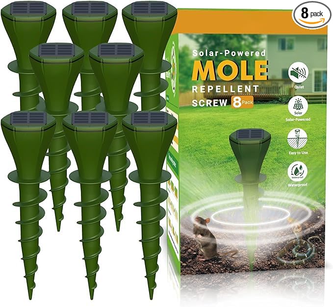 Mole Repellent for Lawns Gopher Screw Repeller Solar Powered Outdoor Groundhog Deterrent Vibration Stakes - Quiet Get Rid of Snake Vole Armadillo - No Poison Kill Traps (Green 8pack)