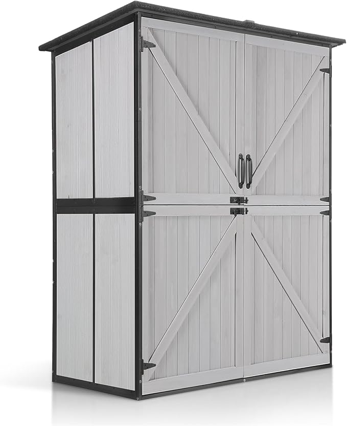 Aivituvin Shed Outdoor Storage Cabinet with Durable Metal Frame Waterproof Garden Tool Storage with Adjustable Shevels and Floor for Backyard Garden Patio Lawn, 55" L, Off White