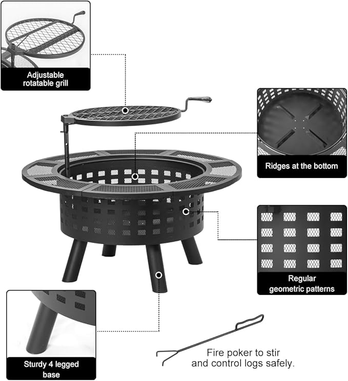 36 inch Outdoor Fire Pit with Grill,Wood Burning Firepits for Outside with Lid & Fire Poker,Metal 3-in-1 Fire Pit Table with Cooking Grate,Outdoor Fireplaces for Bonfire,Yard,BBQ（Jet Black）