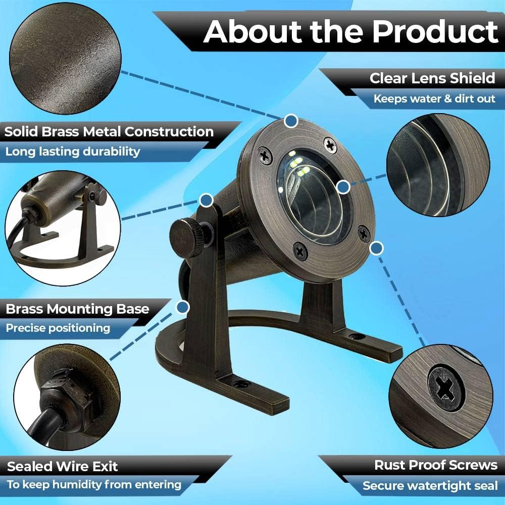 Underwater Light 172 - Solid Brass Underwater Pond Lights LED Submersible Waterfall Pool Pond Fountain Lighting Long Lasting IP 68 Waterproof Lighting with Connectors (No Bulb)