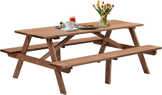 Outdoor Wooden Picnic Table with Benches and Umbrella Hole, Rustic Style Lifetime Picnic Table Bench Set for 6 or 8 Person for Backyard, Porch, Patio, and Deck, Brown