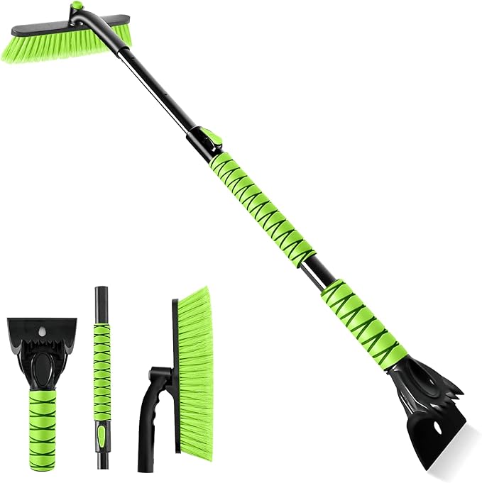 44" Ice Scraper and Snow Brush for Car Windshield with Extendable, 360° Pivoting, Soft Bristle Head, Foam Grip, for Car, Truck, SUV Window Tool (Green)