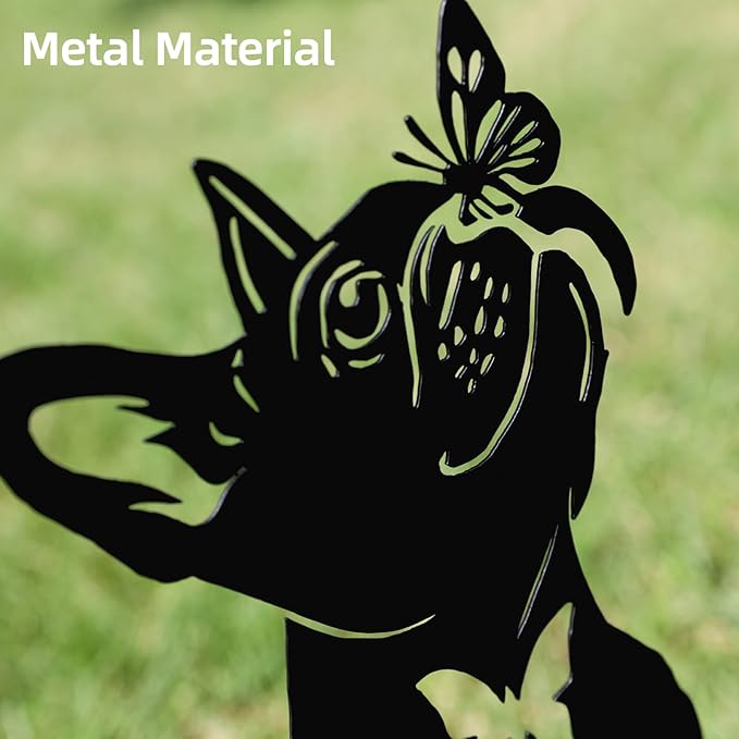 Metal Pug Garden Decor for Outside (2 Pack), 14" Yard Art Stakes,Unique Gift for Kitty Lovers, Outdoor Lawn Statues and Weather Resistant Yard Art