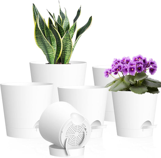 7/6.5/6/5.5/5/4 inch Self Watering Pots for Indoor Outdoor Plants, 6 Pack Plastic Flower Planters with Drainage Holes and Removable Saucers, Plant Pots with Wicking Rope, Modern Decor, White