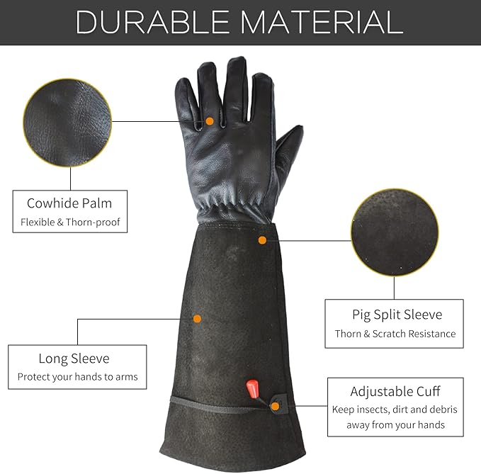 Gardening Gloves, Professional Puncture Proof Gloves for Rose Pruning & Cactus Trimming, Long Leather Garden Gloves Gifts for Women & Men- Full Grain Pigskin (Thorn Proof) (Large, Black)
