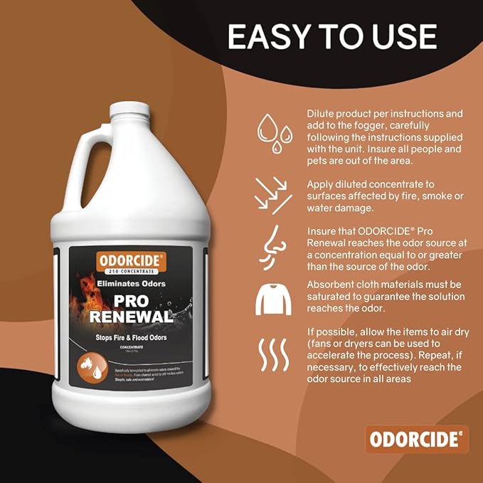 Odorcide Pro Renewal Fire & Flood Odor Eliminator Concentrate – Smoke Odor Eliminator for Strong Odor on Walls, Carpet, Upholstery & More – Mildew Odor Removal w/Non-Enzymatic Formula (128 oz)