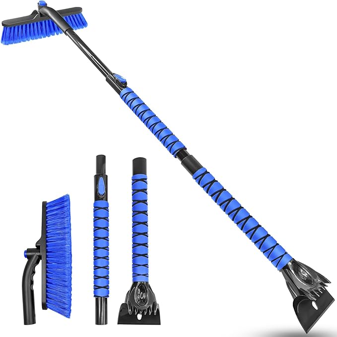 HEEYA 51 Inch Snow Brush for Trucks, Extendable Long Handle Ice Scraper with Brush with Foam Grip, SUV Heavy Duty Snow Brush with Ice Scraper for Car Auto Jeep RV Vehicle Windshield Window - Blue