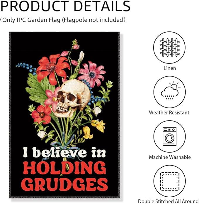 I Believe In Holding Grudges Garden Flag, Funny Floral Skull Halloween Yard Sign for Outside, Sarcastic Skeleton Halloween Decor for Ourdoor Lawn Porch, Inclusive Equality Liberal Fall Banner