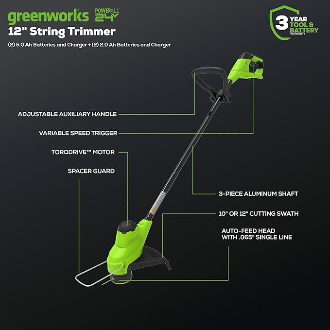 Greenworks 48V (2x24V) 17" Brushless Mower+12" String Trimmer+320CFM Blower+310 in./lbs Drill Driver, (2) 4.0Ah Batteries and (2) 2.0Ah Batteries, 2A Dual Port Charger