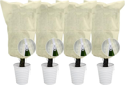 EAONE 4 Pack Plant Covers Freeze Protection, 47x71'' Winter Frosts Cloth for Outdoor Plants, Reusable Frost Blankets Drawstring Bags for Cold Freeze Sun Protection Bird Insect Prevention, Beige