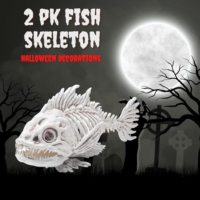 SCS Direct Piranha Fish Skeleton Halloween Decoration (2 Pack) 10" Long - Weather Resistant for Indoor/Outdoor - Upgrade Your Fall Graveyard Haunted House Party Props, Trick-or-Treat Decor
