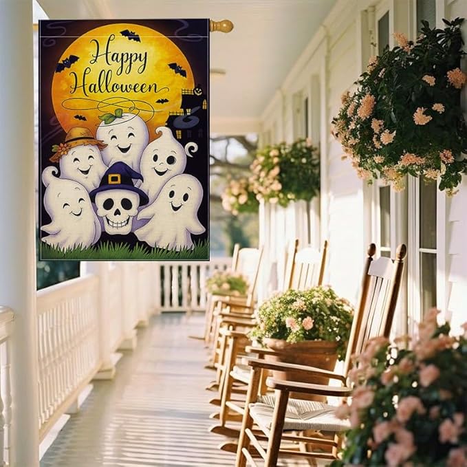 Halloween Garden Flag 12x18 Inch – Cute Ghosts and Pumpkin Skull Yard flag, Double Sided Happy Halloween Outdoor Decoration for Porch, Patio, Lawn, Garden, Birthday Party Décor