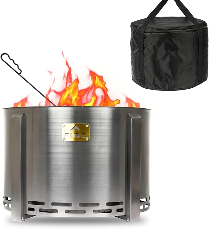 Smokeless Firepit - 18 Inch - Stainless Steel Fire Pit - Wood Fire Pits for Outside with Stand, Removable Ash Rake, Fire Poker & Fire Pit Cover - Smokeless Firepit for Outside, Bonfire, BBQ, Backyard