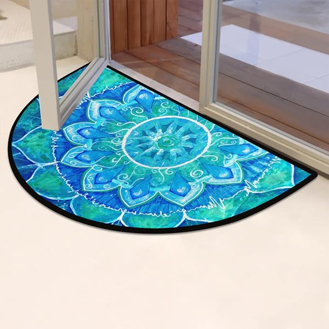 cfpolar Half Round Blue Boho Mandala Semicircle Mat, Non Slip Area Rug Soft Doormat for Front Door Indoor Entrance Welcome Mat for Garage Patio Home Decor 24 x 36 in