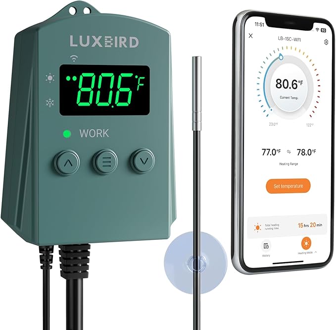 WiFi Digital Heat Mat Thermostat Controller, 32-113°F with Heating Cooling Mode, 365 Day Data Export, 1200W, High/Low Temp Alerts, Plug & Play for Reptile Seedling Brewing Breeding Greenhouse