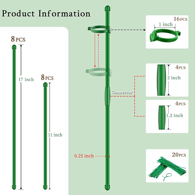 Plant Stakes 17inch &11inch SupKing Adjustable Length Plant Support Stake 16Pcs Green Orchid Stick with Clips for Indoor Outdoor,Garden Pole for Potted Tomato Amaryllis Vegetables Comes with 20 Ties