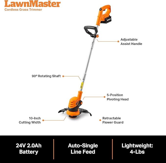 LawnMaster OcuMow™ Robot Lawn Mower with Cordless 24V MAX 10” Grass Trimmer Combo Kit Perimeter Wire Free for Small Yards 2000-4000 Square Feet Optical Navigation Automatic Obstacle Avoidance Spot Cut