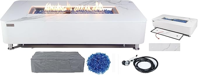 Elementi+ | Athens Gas Fire Pit | Cast Concrete Body & Marble Porcelain Top | 62" Rectangular Fire Table | Electronic Ignition | Canvas Cover, Fire Glass & Burner Lid Included | White | Propane Gas