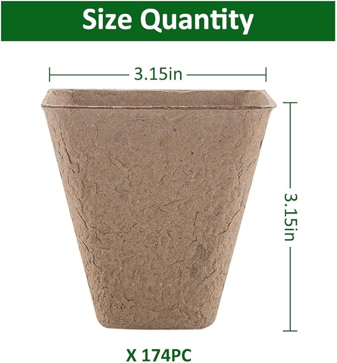 Seed Starter Trays, 174 Pcs 3.15 Inch Square Biodegradable Peat Pots, Drainage Holes Nursery Pot, (Light Brown Square)