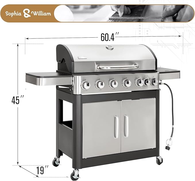 Sophia & William 6-Burner Propane Gas BBQ Grill with Side Burner & Porcelain-Enameled Cast Iron Grates, Stainless Steel Barbecue Grills Outdoor Cooking for Outside, 665 SQ.IN. Cooking Area, 65,800BTU