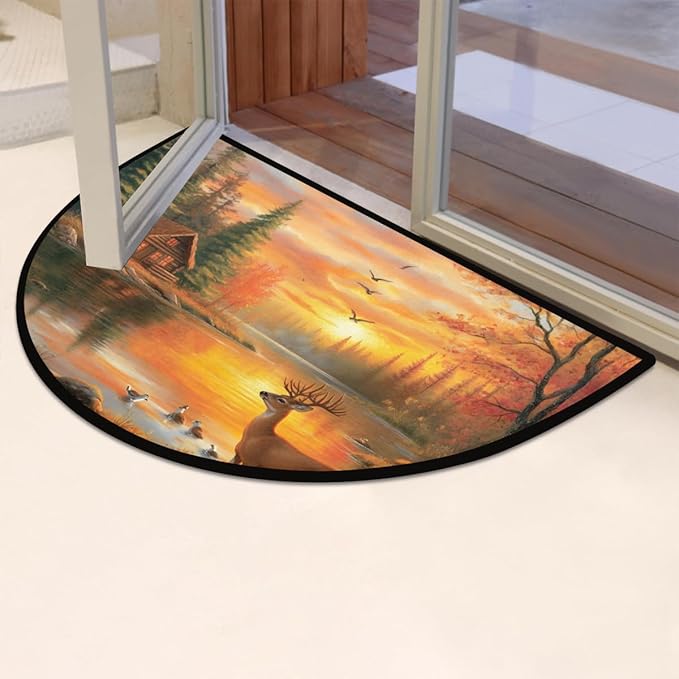 cfpolar Fall Non-Slip Soft Half Round Door Mat, Autumn Deer Maple Forest Semicircle Mat for Indoor Entrance Garage Bath Living Room Patio 24 x 36 in