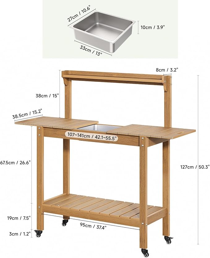 HDPS Outdoor Potting Bench with Sliding Tabletop/ 4 Wheels/Removable Sink, All-Weather Outside Garden Work Table, No Rust/Fade/Break, Potting Station for Porch, Patio & Backyard (Teak)