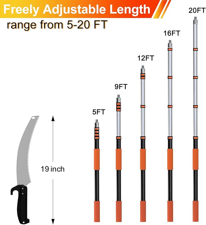 26FT Pole Saw, Telescoping Tree Trimmer with 5-20FT Extension Pole, Manual Branches Pruner for Backyard, Orange