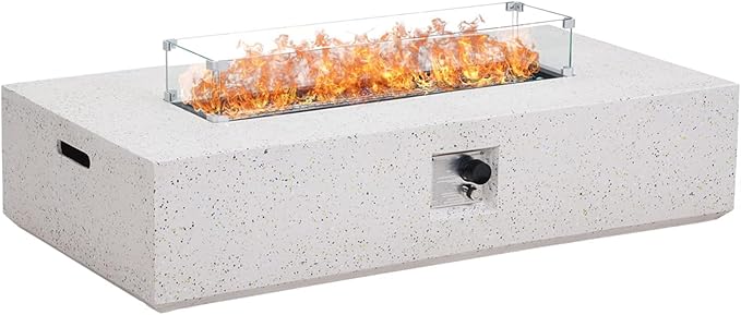 56" Propane Fire Pit Table, Rectangle Outdoor Fire Table w Glass Wind Guard(50,000 BTU), 2 Piece Patio Firepit Table Gas Fire Table w Fire Glass, Rain Cover for Outside, Backyard