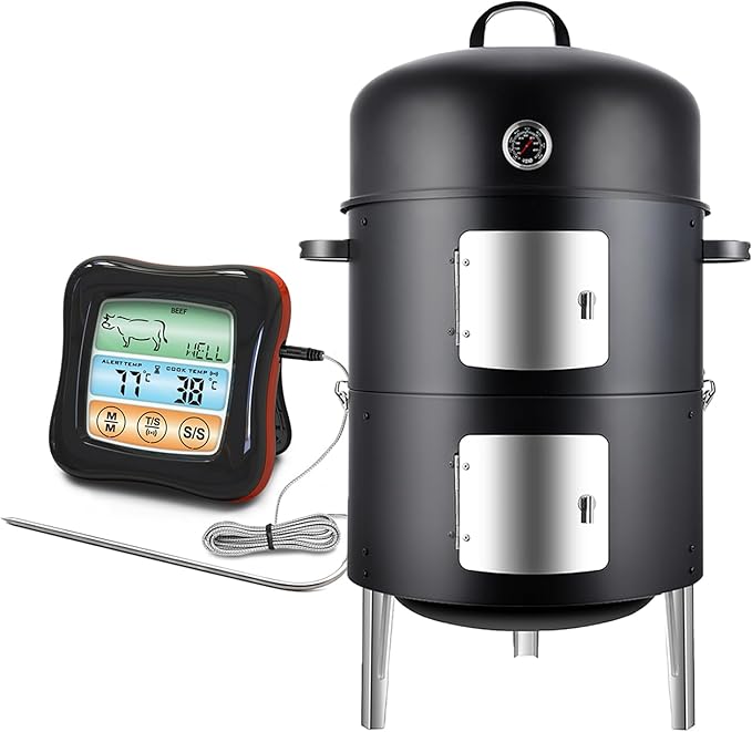 Realcook Vertical Charcoal Smoker Grill: Premium Meat BBQ Smokers with Thermometer - Charcoal Barbecue Grill Combo for Patio Backyard Grilling Outdoor Cooking Tailgating