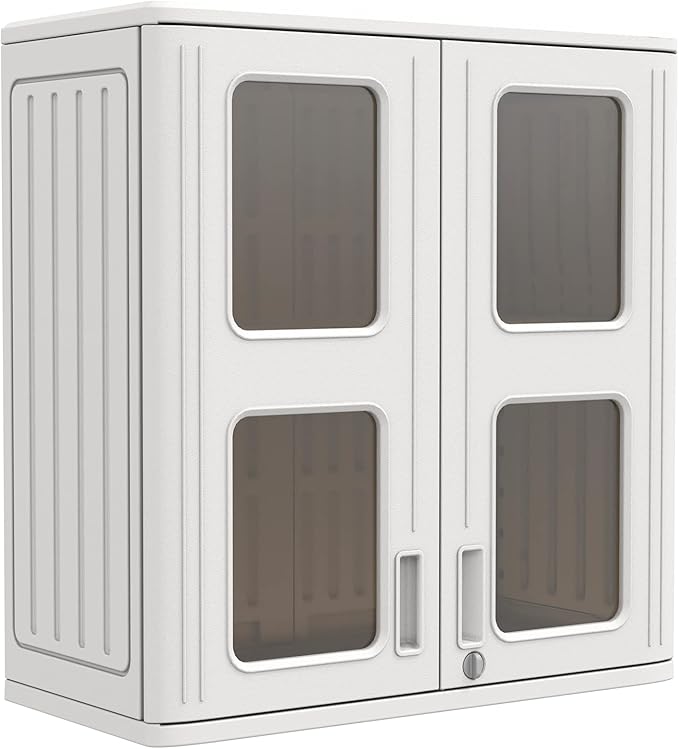 KINYING Outdoor Storage Cabinet Waterproof,Resin Garage and Laundry Room Wall Mounted Cabinets,Outdoor Storage Box with Doors and Shelves,White