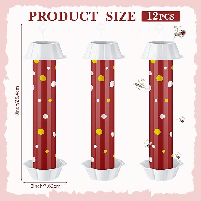 12 Pcs Sticky Fly Trap Fly Stick Indoor Outdoor Long Lasting Adhesive Fly Catcher with Hanging Hook for Wasps Gnats Bugs Insects Moths Fruit Flies Mosquitoes Spiders Fleas (Red, White)