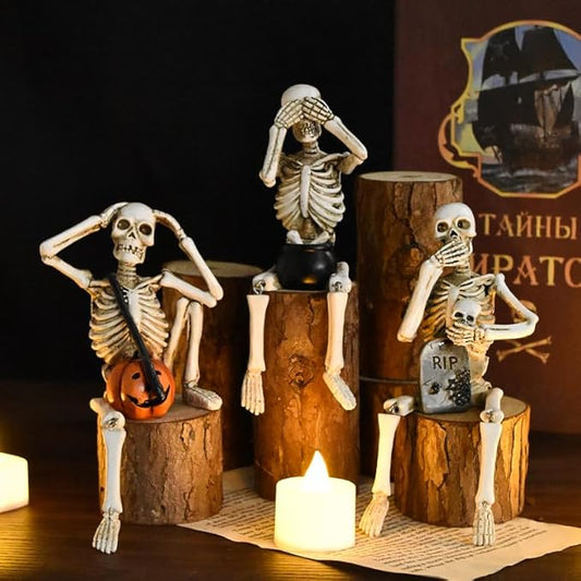 Halloween Decorations Indoor Skeleton Statues See Speak Hear No Evil Figurines for Mantel Table - Realistic Resin Skull Spooky Gothic Home Decor Set of 3