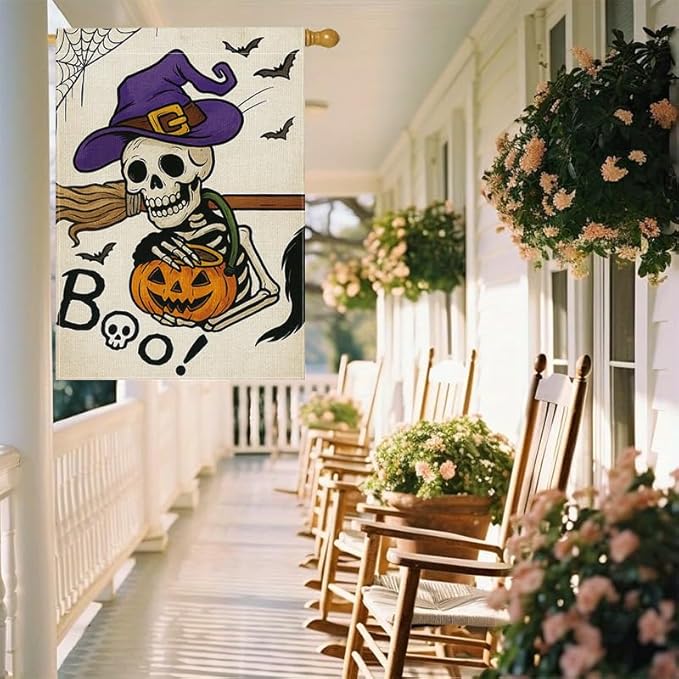 Halloween Garden Flag 12x18 Inch Skeleton Pumpkin Witch Hat Boo Yard flag Double Sided Outdoor Porch Patio Lawn Party Decoration for Fall Holiday Birthday