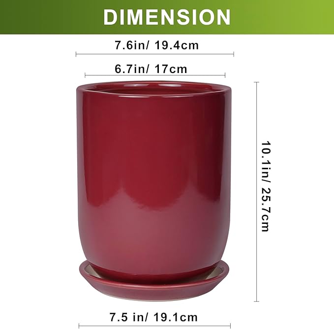 Ceramic Pot for Plants - 8 Inch Plant Pot Indoor with Drainage Hole and Saucer Cylinder Flower Pot for Indoor Outdoor Plants Home Patio Office Decor Red