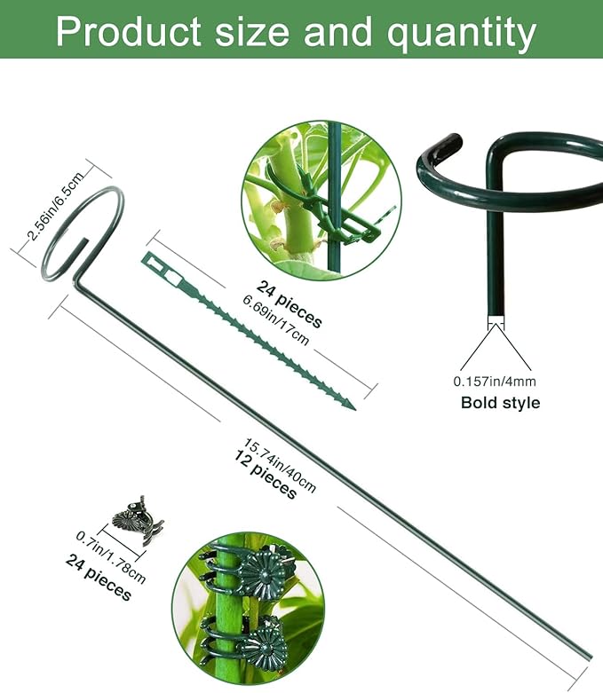 Plant Stake Support - 12 Pack, Garden Single Stem Support Stake Plant Cage Support Rings, Plant Support Stakes for Indoor Plants，for Flowers Phalaenopsis Rose (15.74 inch)