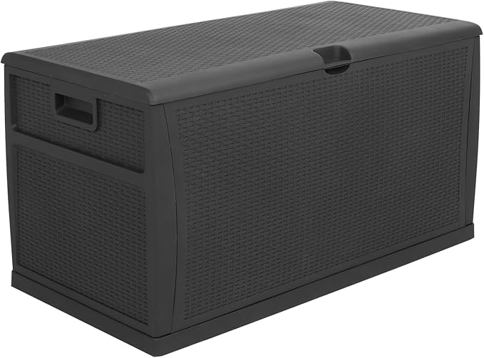VINGLI Upgraded 120 Gallon Outdoor Storage Box, Lockable Plastic Storage Containers with Lid, Rattan Grain Surface Deck Box Patio Furniture for Garden, Pool, Balcony, Yard (Black)