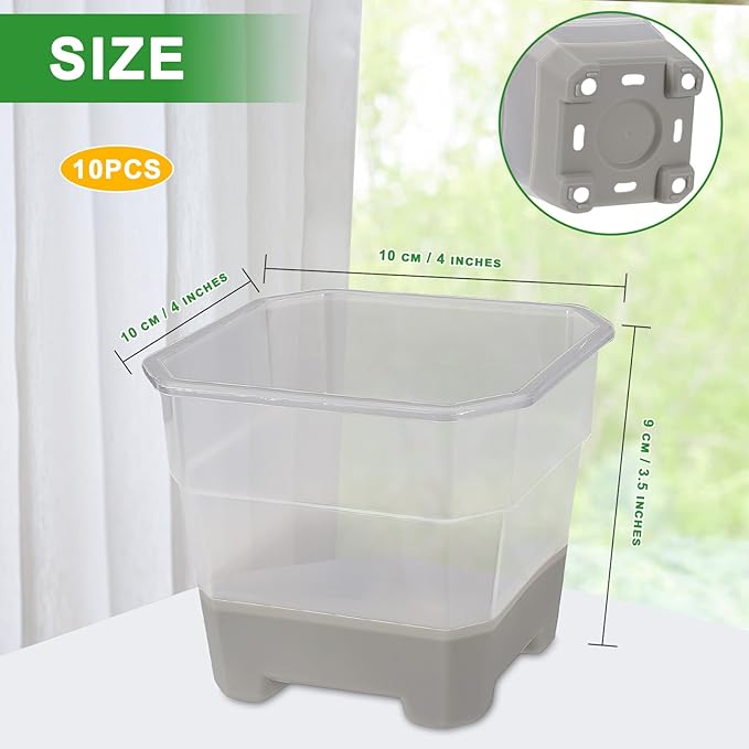 Aobiono 10 Packs 4 Inch Clear Nursery Pots with Reinforced Silicone Base for Easy Transplant, Reusable Seed Starter Seedling Small Plant Flower Planter Pots with Drainage Holes (Gray, 10 Packs)