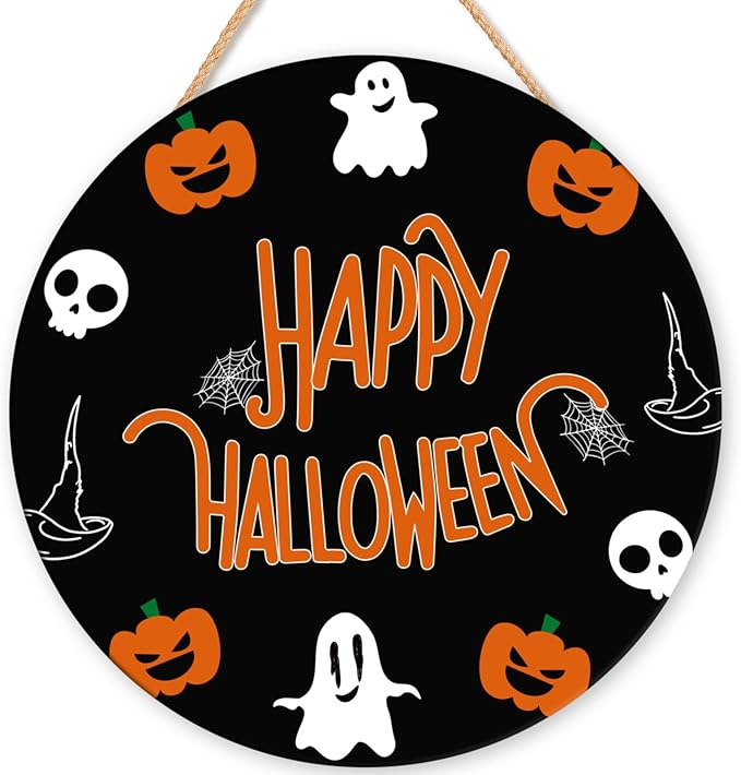 Halloween Decorations, Happy Halloween Wooden Ghost Hanging Sign for Front Door Hanger Wreath Decor, Wreath Cute Ghost Pumpkin Bat Front Door Decorations Hanging Sign, Indoor Outdoor Yard Wall Party