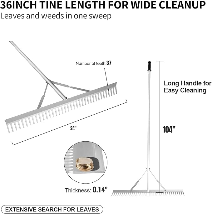 24 inches Head Aluminum Landscape Rake Landscape Rake with 104 inches Long Handle for Loosening Soil Lawn Care Weeding Lake Garden (24" Handle)