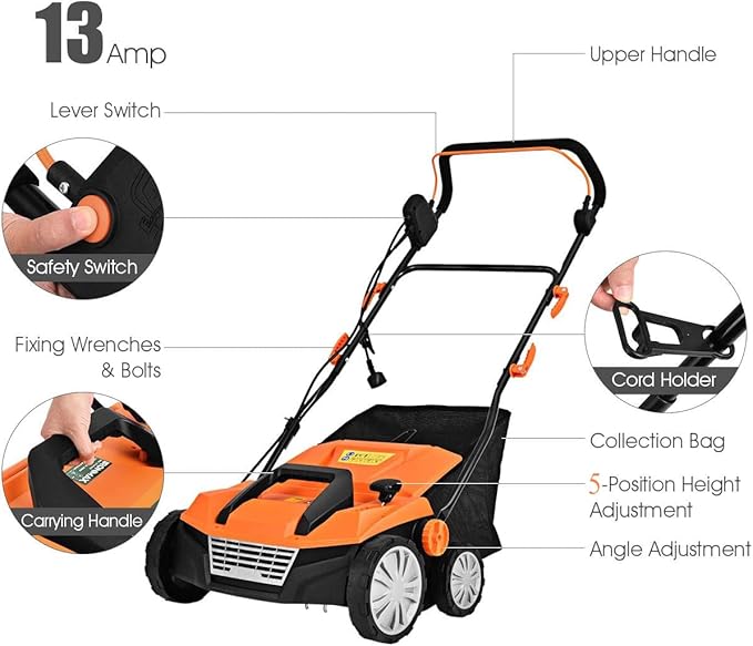 Goplus 2-in-1 Electric Corded Lawn Dethatcher with 5 Cutting Heights, 15-Inch 13 Amp Electric Scarifier w/ 13.5 Gallon Collection Bag, 2 Removable Blades for Garden Yard