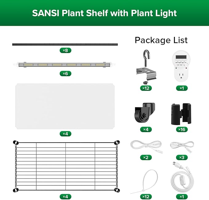 SANSI Plant Stand with Grow Light, 4-Tier 4000K 144W, Full Spectrum Indoor Greenhouse DIY Plant Shelf with T8 Plant Lights Growing Lamp, Flower Pot Stand Display Rack with Wheel Mechanical Timer