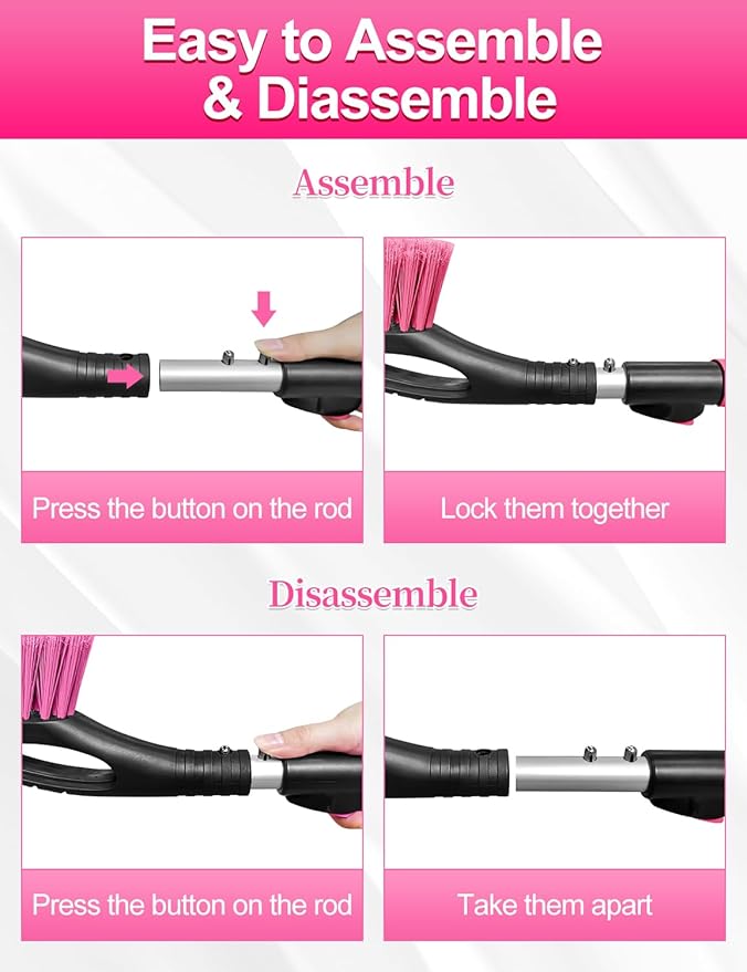 HEEYA Ice Scraper and Brush for Car, Extendable Snow Brush and Ice Scraper for Car Windshield Window, Car Snow Scraper and Brush with Foam Grip for SUV Truck Automobile Vehicle - Pink