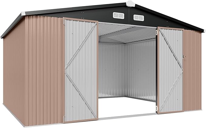 Aoxun 12'x10' Outdoor Metal Storage Shed with Lockable Door & Sloping Roof- Ideal for Tools, Garden Equipment & Bikes, Perfect for Patio Placement(Brown)