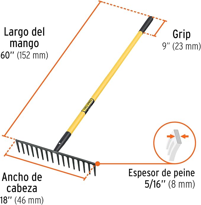 TRUPER R-16MF Heavy Duty Fiberglass Handle Road Rake, 16 Tines 18" (46cm)
