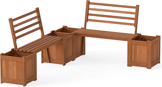 Giantex Set of 2 Outdoor Bench with Backrest, Wood Raised Garden Bed w/Open Base, Weather-Resistant Square Deep Planter Boxes for Flowers Fruit Vegetable, Bench Seat for Porch Yard Balcony Lawn