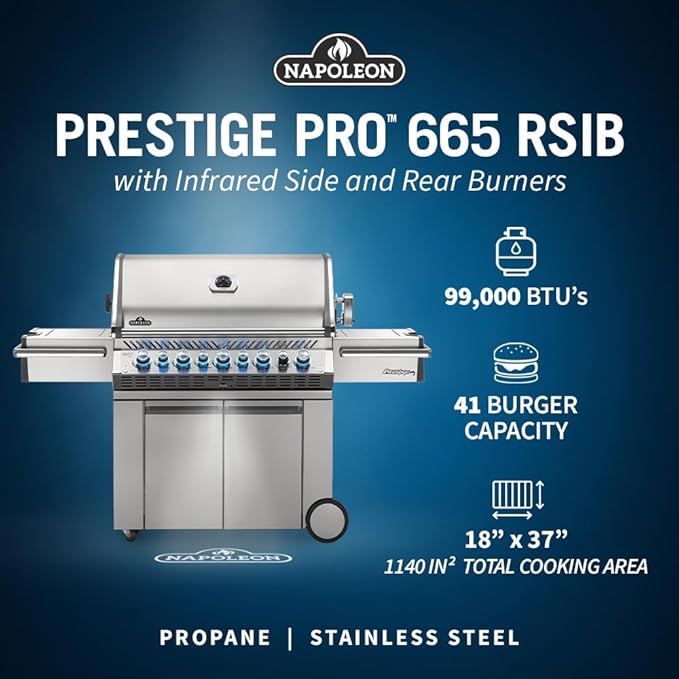 Napoleon PRO665RSIBPSS-3 Prestige PRO 665 RSIB Propane Gas Grill, sq.in. + Infrared Side and Rear Burners, Stainless Steel