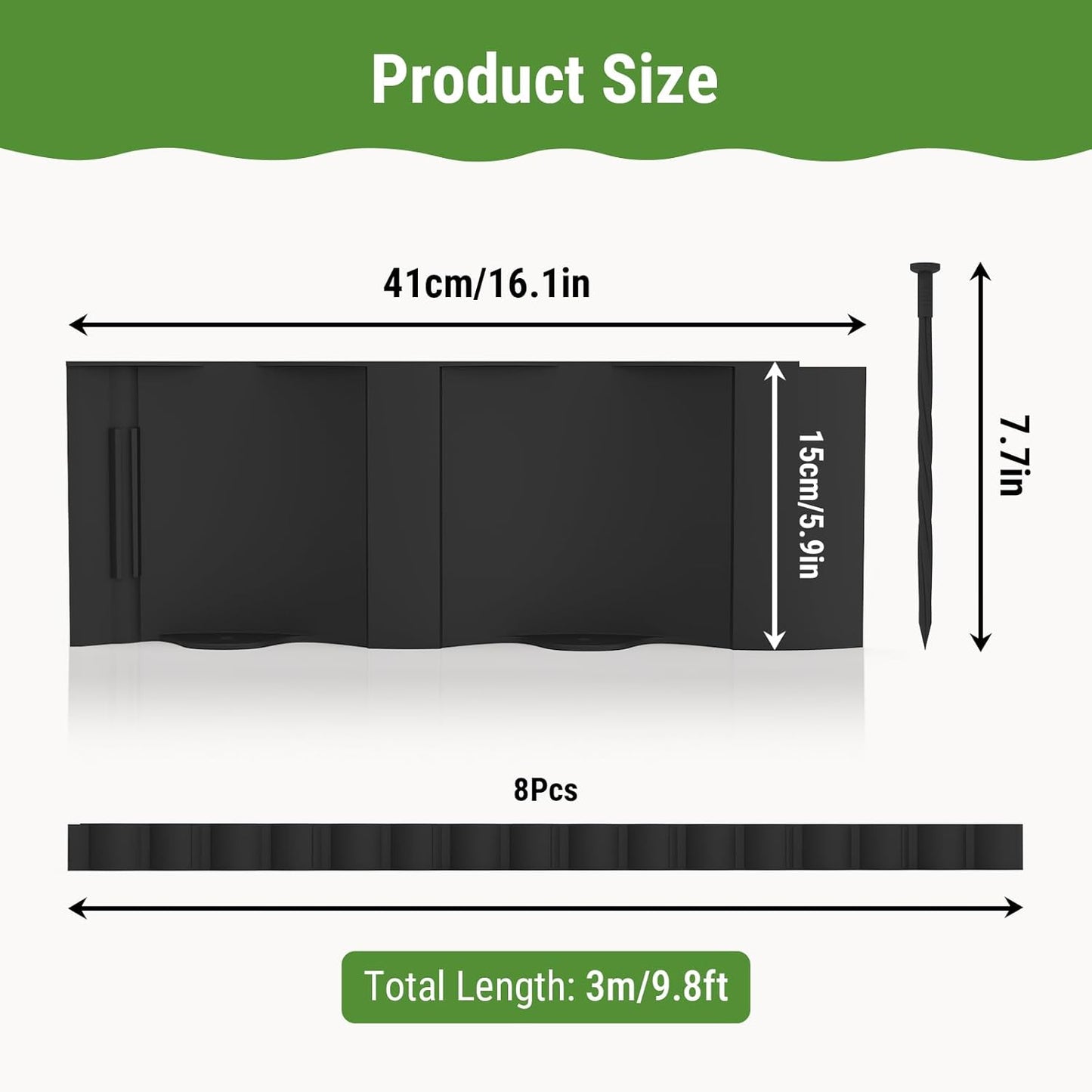 Mars Villa Landscape Edging Border 10FT, Interlocking Landscape Edging 5.9in Flowerbed Border Edging Plastic Flexible Flower Bed Lawn Edging for Outdoor Pathway, with Stakes（Black, 8PCS）