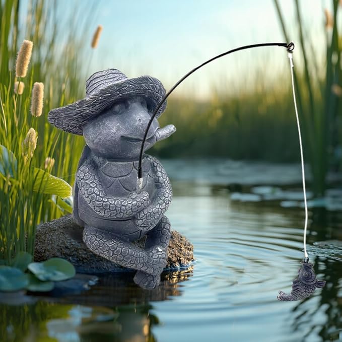 Tortoise Fishing Statue Garden Decor，9.8" Weatherproof Resin Tortoise Fishing Sculpture Decor for Fish Ponds, Koi Ponds, Waterfalls, Poolside Outdoor Gardens Resin Figurine for Indoor Outdoor Décor